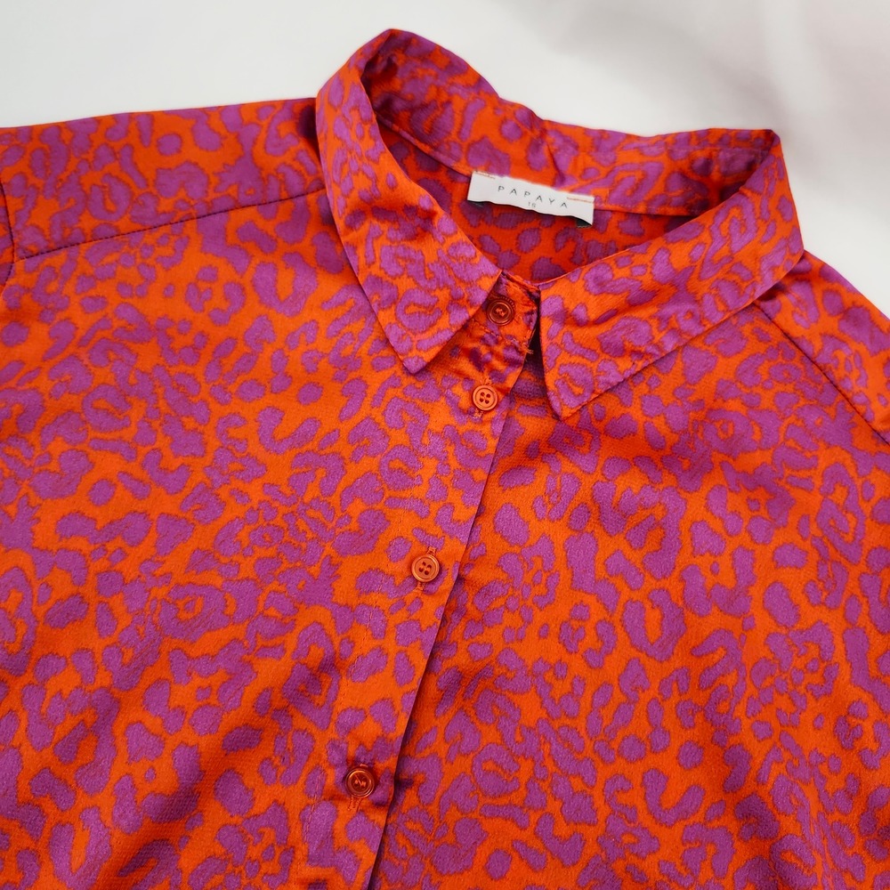 Papaya Womens Dopamine Eclectic Animal Print Satin Top Size 16 Orange Purple